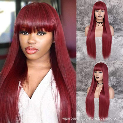 Vigorous Long Straight Wig with Bangs Wine Red Color Synthetic Hair Wigs for Women Heat Resistant Fiber Wholesale Price